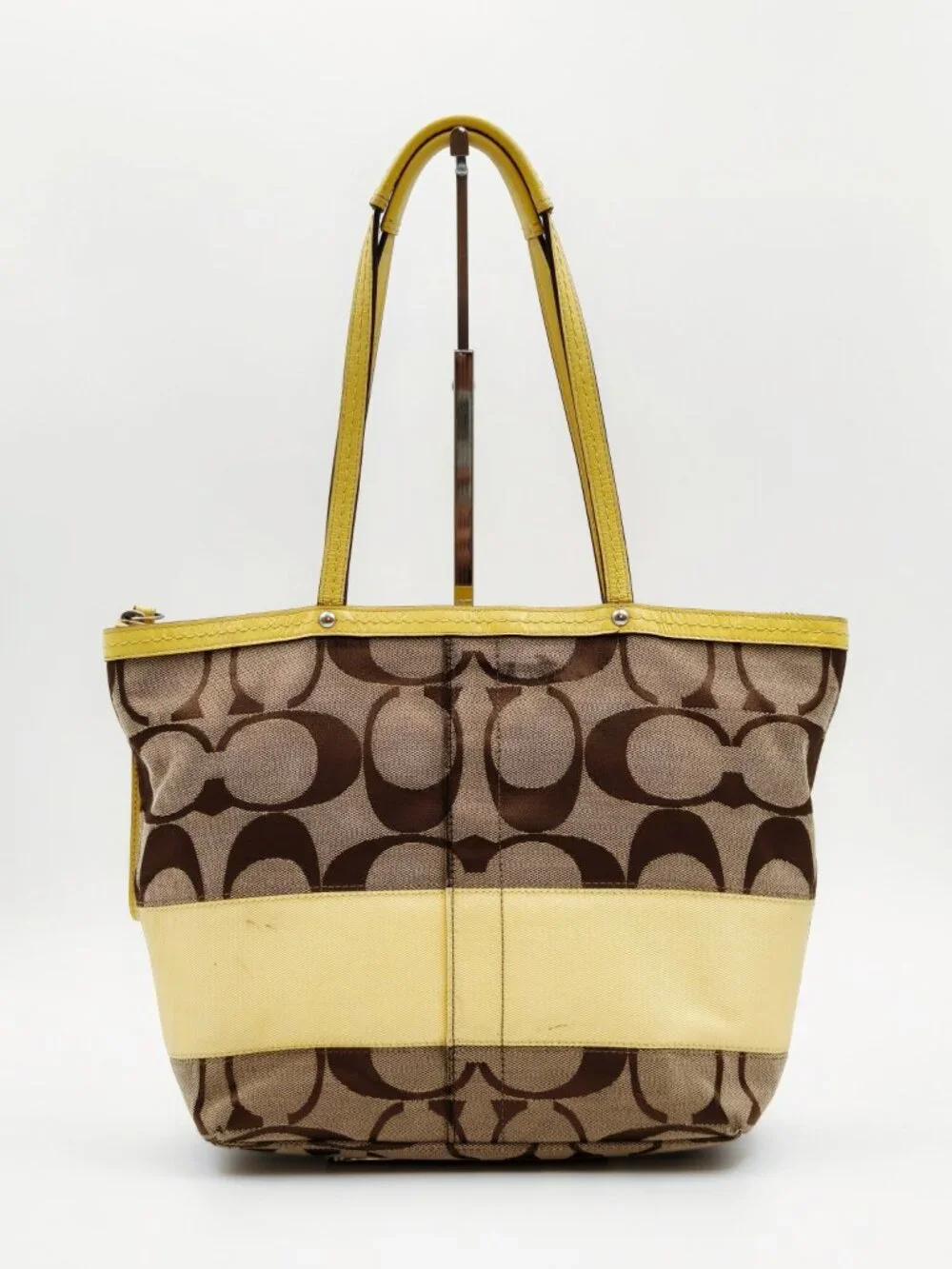 Coach Signature C Canvas Tote Bag Brown Yellow Leather Shoulder Bag